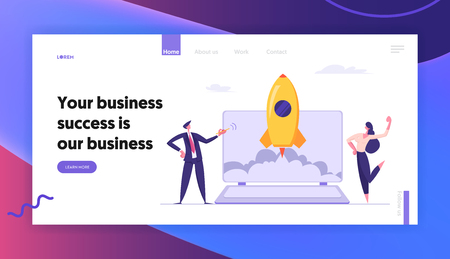 Successful Start Up Concept Landing Page with Business People Characters Launches Rocket from Laptop. Space Ship Metaphor Startup, Teamwork E-commerce Banner, Website, Web Page. Vector Flat illustrationのイラスト素材