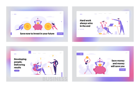 Money Saving Concept with Business People Characters Landing Page Set. Financial Savings Profit, Investment and Business Meeting Website Banner, Web Page. Vector Flat illustrationのイラスト素材