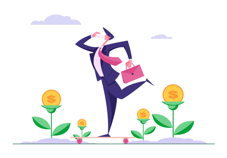 Happy Businessman Character Riding Skateboard with Cup of Coffee. Employee Hurry to Office Work Through Money Tree. Healthy Lifestyle, Exercise Banner. Vector Flat illustrationのイラスト素材