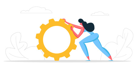 Business Strategy, Technology Innovation Concept. Businesswoman Character Pushing Giant Cogwheel. Gear as a Metaphor of Growth and Progress. Piece of Company mechanism. Cartoon Vector illustrationのイラスト素材