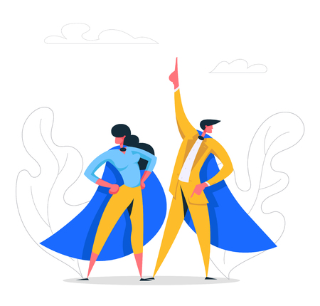 Super Hero Business People Characters in Cape. Leadership Teamwork, Career Growth, Goal Achievement Concept with Successful Businessman and Businesswoman. Flat Vector Cartoon Illustrationのイラスト素材