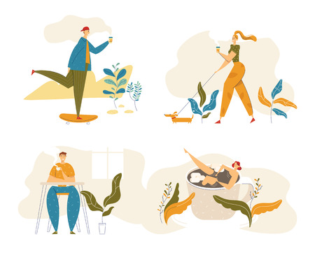 People Characters Drinking Coffee. Man Skateboarding with Cup of Tea. Woman Walking with Dog and Hot Drink. Guy on Coffee Break. Vector flat cartoon illustrationのイラスト素材