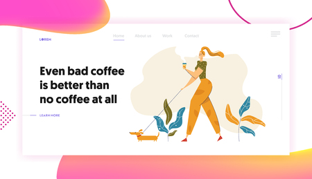 Happy Young Woman Walking in the Park with Dog and Cup of Coffee Landing Page. Female Character Drinking Coffee Outdoor on the Walk Website, Banner, Web Page. Vector flat cartoon illustrationのイラスト素材