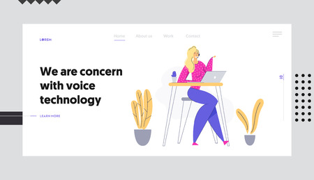 Online Technical Support 24/7 Concept Landing Page with Woman Character Consulting Client via Headset. Online Assistance, Female Help Line Call Center Operator Website, Banner. Vector flat illustrationのイラスト素材