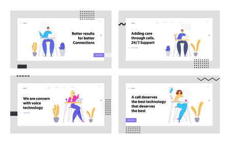 Online Technical Support 24/7 Concept Landing Page with Man and Woman Characters Consulting Client via Headset. Online Assistance, Help Line Call Center Operator Website, Banner. Vector flat illustrationのイラスト素材