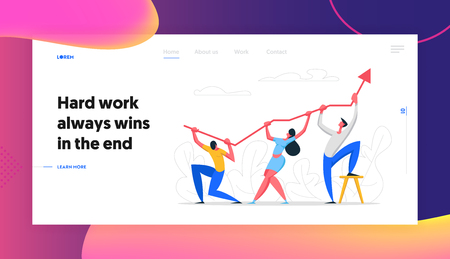 Business Character Teamwork Banner Concept. Business Team Holding Up Arrow Symbol. Financial Success, Career Growth, Cooperation, People Partnership Website, Landing Page. Vector flat cartoon illustrationのイラスト素材
