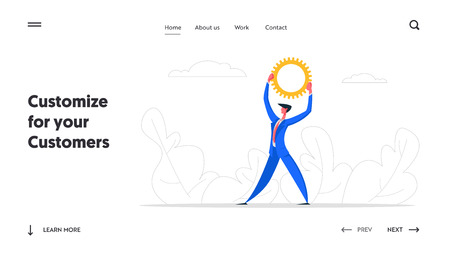 Business Strategy, Technology Innovation Banner Concept. Businessman Character Hold Up Cogwheel Gear. Corporate Company Mechanism Website Landing Page. Cartoon Flat Vector illustrationのイラスト素材