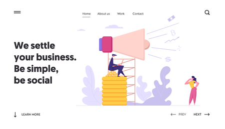 Social Media Marketing Concept Landing Page. Business Advertising Promotion Campaign. Big Loudspeaker Talking. Investment Profit Successful Advertisement Website Banner. Vector flat cartoon illustrationのイラスト素材
