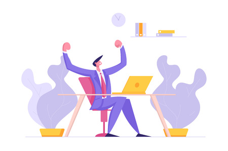 Happy Man Character Working with Laptop. Male Developer Coding, Developing Software on Computer. Web Designer Freelancer Concept. Vector flat illustrationのイラスト素材