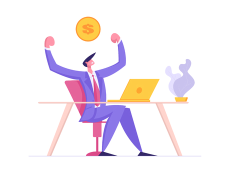 Happy Man Character Working with Laptop. Male Developer Coding, Developing Software on Computer. Web Designer Freelancer Money Concept. Vector flat illustrationのイラスト素材