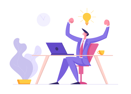 Happy Man Character Working with Laptop Having Idea Light Bulb. Male Developer Coding, Developing Software on Computer. Web Designer Freelancer Concept. Vector flat illustrationのイラスト素材