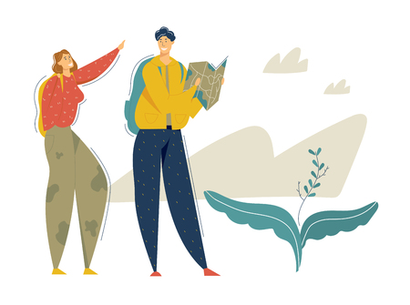 Hiking Tourists in the Mountains Adventure. Traveling Couple with Backpack and Map Walking and Trekking. Tourism Concept with Backpacker Characters Man and Woman. Vector flat cartoon illustrationのイラスト素材