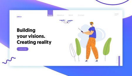 Man Character in Virtual Reality Goggles Flying Drone with Remote Control Landing Page. Video Photo Camera Flight Gadget Technology. Man Woman Controlling Air Drone Website Banner. Vector flat cartoon illustrationのイラスト素材
