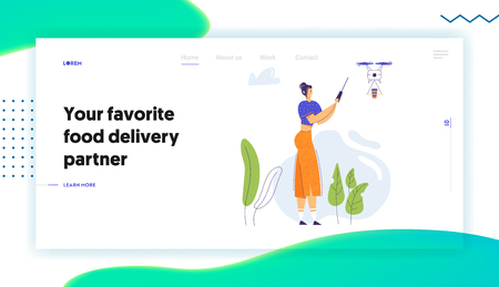 Woman Character Flying Drone with Remote Control Landing Page. Shipping Food Delivery Service Flight Technology. Girl Controlling Drone with Hot Coffee Cup Website Banner. Vector flat cartoon illustrationのイラスト素材