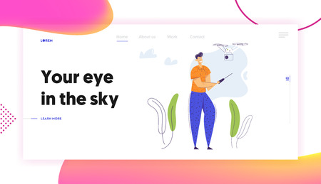 Man Character Flying Drone with Remote Control Landing Page Template. Video Photo Camera Flight Gadget Technology. Man Woman Controlling Air Drone Website Banner. Vector flat cartoon illustrationのイラスト素材