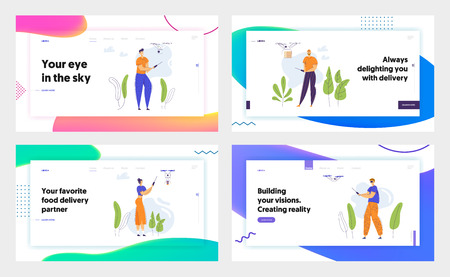 Man Character Flying Drone with Remote Control Landing Page. Video Photo Camera Flight Gadget Technology. Man Woman Controlling Air Drone Banner, Website. Vector flat cartoon illustrationのイラスト素材