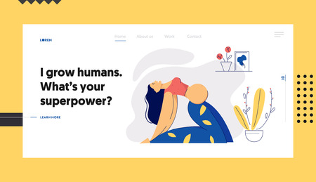 Pregnant Woman Stretching in Yoga Position Website. Young Pregnancy Mother Exercises Aerobics. Sport Healthy Lifestyle Maternity Concept. Pregnant Girl with Belly Training Landing Page Banner. Vector flat cartoon illustrationのイラスト素材