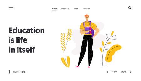Happy Young Male Student Character with Books Landing Page. Educational Concept with Man with Backpack and Textbook Learning and Reading Banner, Website, Web Page. Vector flat cartoon illustrationのイラスト素材