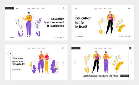 Happy Student Characters with Books Landing Page. Male and Female People Students with Textbook. Education Graduation Concept for Banner, Website, Web Page. Vector flat cartoon illustrationのイラスト素材
