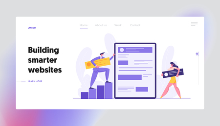 Web Software Development Concept Banner. Developer Characters Build Website with Social Media Content. Man and Woman Programmer Coding Mobile App Landing Page. Vector flat cartoon illustrationのイラスト素材