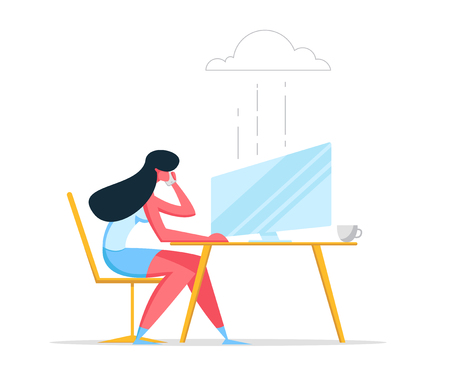 Cloud Computing Technologies Concept. Woman Character Working with Computer Using Wireless Connection Service. Media File Storage Backup. Vector illustrationのイラスト素材