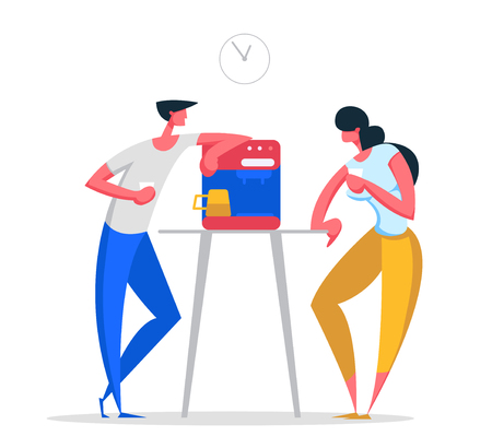 Business People on Coffee Break at Work. Man and Woman Characters Lunch Time. Employees Drinking Hot Drinks Having Break. Vector flat cartoon illustrationのイラスト素材