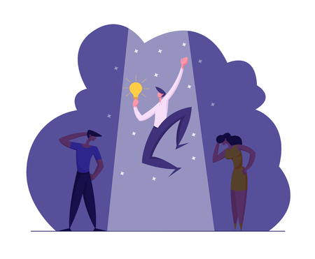 Job Search Business Recruitment Concept. Businessman Character with Idea Light Bulb in Spotlight. Hiring New Talant Opportunity, Choose Employee. Vector flat illustrationのイラスト素材