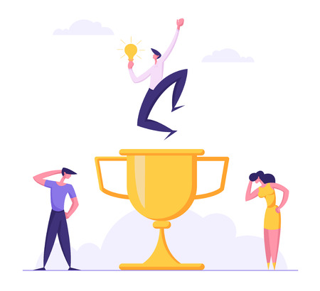 Business Competition Concept with Businessman Character with Idea Light Bulb Celebrating Victory Jumping Over Golden Cup Trophy. Smart Solutions, Goal Achievement. Vector flat illustrationのイラスト素材