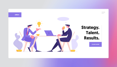 Business People Conversation Concept Banner. Businessmen Discussing Company Strategy at Office Table. Coffee Break, Job Interview. Boss and Employee with Creative Idea Light Bulb Landing Page Website. Vector flat illustrationのイラスト素材