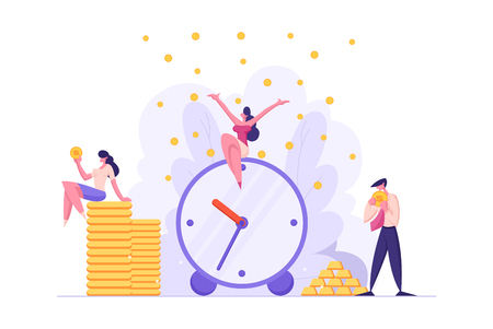 Money Time Concept with Alarm Clock and Business People Characters Celebrating Financial Income. Business Development Money Saving with Businessmen. Vector flat cartoon illustrationのイラスト素材