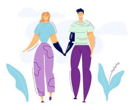 Man and Woman Characters with Prosthesis. Happy Couple Prosthetic Concept. Health Care Assistance Disabled People Life. Vector flat cartoon illustrationのイラスト素材