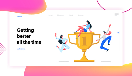 Business Team Success Concept with Characters and Golden Prize Landing Page. Teamwork Achievement, Victory Celebration, Career Growth Man and Woman Celebrating with Winner Cup Banner Website. Vector flat illustrationのイラスト素材