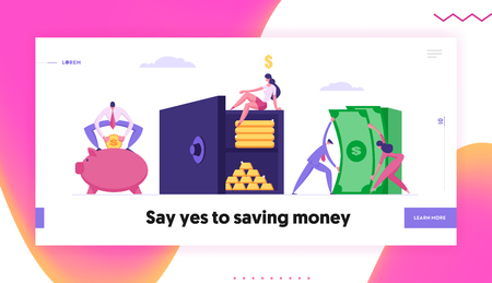 Safe Deposit Box Website Page Concept with People Collecting Money Savings. Bank Employees, Fund Investment with Characters and Earnings Banner Landing Page. Vector flat cartoon illustrationのイラスト素材