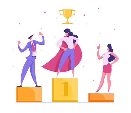 Happy Businessmen Standing on the Winning Podium. Super Businesswoman with Golden Trophy. Teamwork, Career, Goal Achievement Concept with Successful Characters. Vector flat illustrationのイラスト素材
