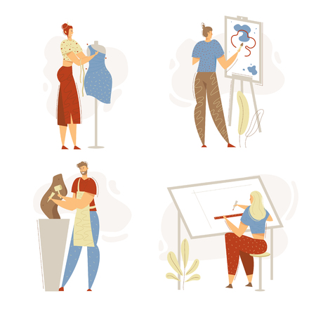 Smiling Man Sculptor Working in Studio. Woman Character with Fashion Designer. Guy Painting with Brush. Architect Engineering. Vector flat cartoon illustrationのイラスト素材