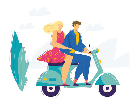 Happy Couple Riding Scooter. Smiling Male and Female Characters Driving Motorbike. Urban Transportation Concept. Vector flat cartoon illustrationのイラスト素材