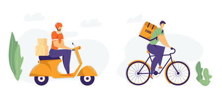 Delivery Man Riding Scooter with Package. Fast Delivery Shipping Service Concept with Male Character on Motorbike. Guy Delivering Food on Bicycle. Vector flat cartoon illustrationのイラスト素材
