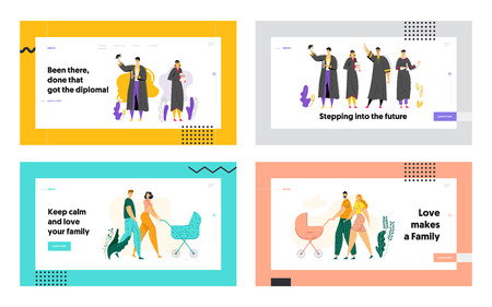 Education and Graduation Concept Landing Page. Happy Graduated Students with Diploma. Young Couple Walking with Baby Stroller Website Banner. Vector flat illustrationのイラスト素材