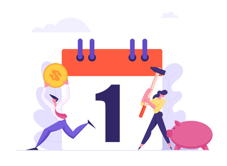 Monthly Loan Payment Concept. People Characters Pay the Bills Every Month Calendar. Financial Schedule with Money and Businessmen. Vector flat illustrationのイラスト素材