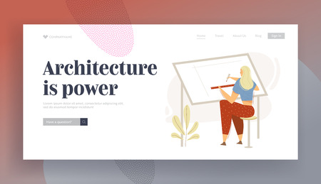 Architect Female Character Working on Blueprint Landing Page. Building Construction Architects Designing Concept with Woman Drawing Engineering Sketch Banner. Vector flat cartoon illustrationのイラスト素材
