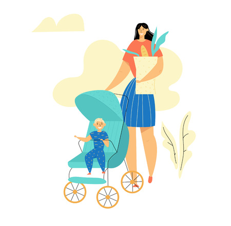 Young Mother Walking in the Park with Son. Woman with Baby Stroller and Kid. Mom with Child and Shopping Bag. Motherhood Concept. Vector cartoon flat illustrationのイラスト素材