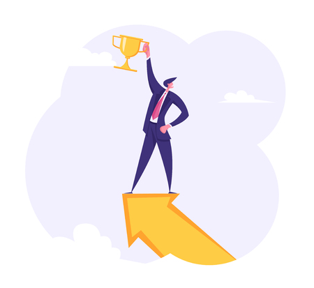 Businessman Character Standing on the Top of Big Arrow with Golden Prize. Leadership, Goal Achievement, Business Success Concept. Man Leader, Winner. Vector flat illustrationのイラスト素材