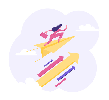 Businesswoman Character Flying on Paper Plane with Big Arrow Financial Symbol. Leadership, Goal Achievement, Business Vision Concept. Woman Leader, Winner. Vector flat illustrationのイラスト素材