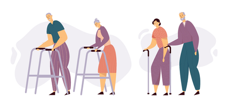 Aged People Walking with Sticks. Happy Senior Man and Woman Characters Together. Elderly People with Paddle Walker, Old Age Concept. Vector flat illustrationのイラスト素材