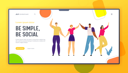 Happy Multicultural People Holding Hands Together Banner Template. Happiness, Friendship, Togetherness Concept with Group of Man and Woman Standing in Unity Landing Page. Vector flat illustrationのイラスト素材