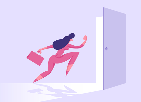 Business Woman with Briefcase Running into Open Door Entrance or Exit, Businesswoman New Opportunity, Way, Escape, Success and Career Growth, Right Solution Concept Cartoon Flat Vector Illustrationのイラスト素材