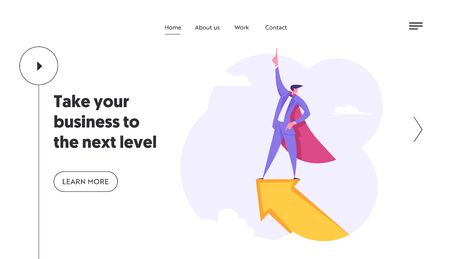 Businessman Superhero Character on Top of Big Arrow. Leadership, Goal Achievement, Business Success Concept. Man Leader, Winner Website Landing Page, Web Page. Cartoon Flat Vector Illustration, Bannerのイラスト素材