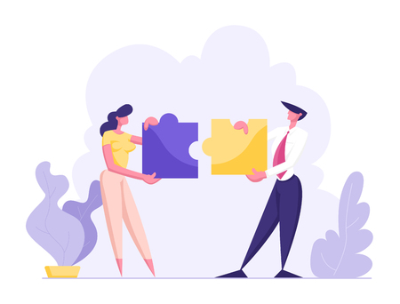 Office People Work Together Setting Up Colorful Separated Puzzle Pieces. Businesspeople in Coworking Place Teamwork, Cooperation, Collective Work, Partnership Concept, Cartoon Flat Vector Illustrationのイラスト素材