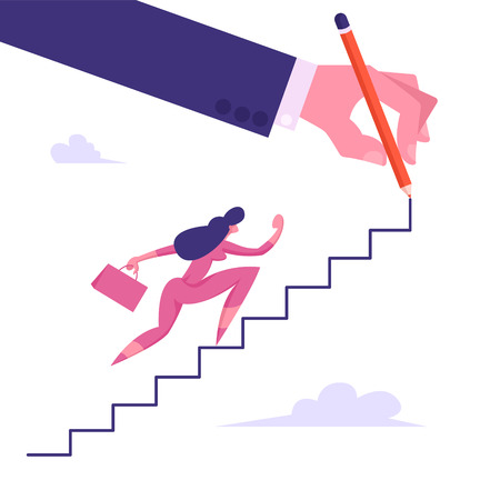 Businesswoman Character with Suitcase Climbing Upstairs Huge Human Hand Painting in Sky, Financial Success, Business Woman Leader Goal Achievement, Leadership Concept, Cartoon Flat Vector Illustrationのイラスト素材
