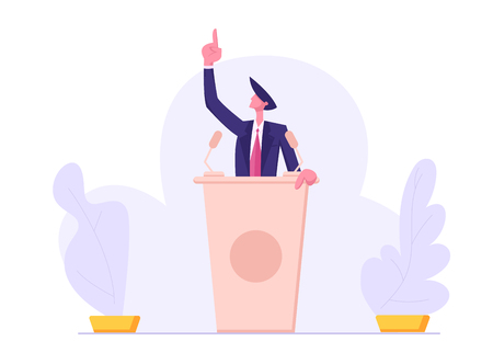 Presidential Election. Man in Suit Standing Behind of Podium with Microphones Speaking with Index Finger Pointing Up. Candidate Speech, Lecture, Political Discussion. Cartoon Flat Vector Illustrationのイラスト素材